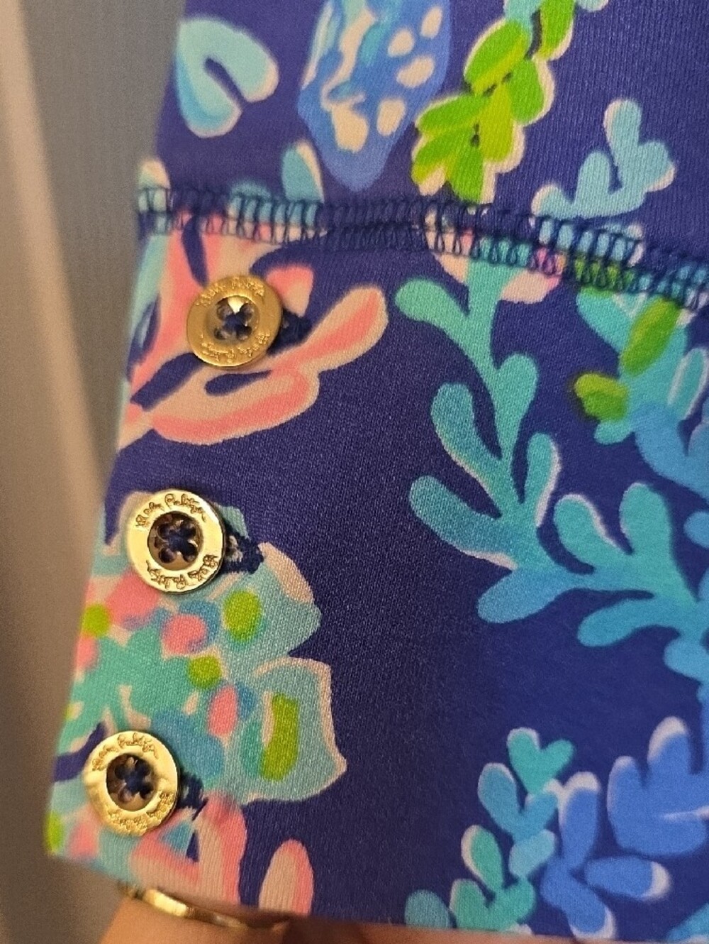 Lilly Pulitzer Blue Shift Dress with Pink & Aqua Accents with Gold Tone Buttons - Picture 3 of 5